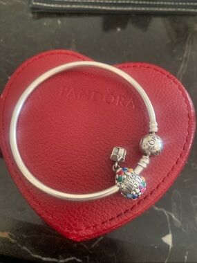 Pandora Sterling Silver Bangle with PIXAR Hot Air Balloon Charm / Free Case
